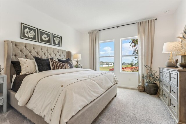 bedroom with light carpet