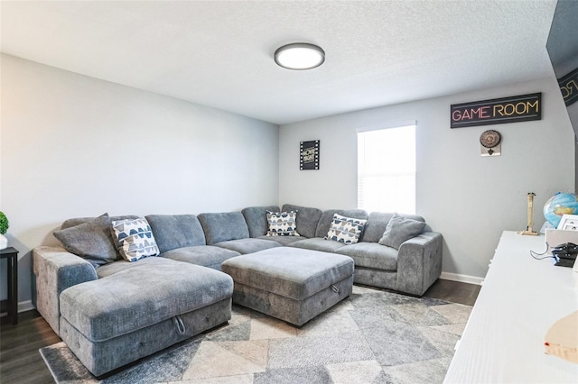 living room with wood-type flooring and a textured ceiling