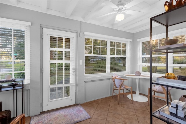 sunroom / solarium featuring ceiling fan, beam ceiling, and a healthy amount of sunlight