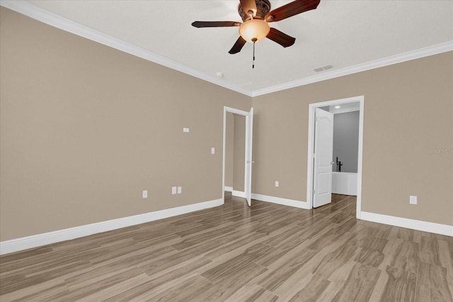 unfurnished bedroom with crown molding, ensuite bathroom, ceiling fan, and light hardwood / wood-style floors