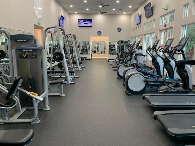 workout area featuring a high ceiling