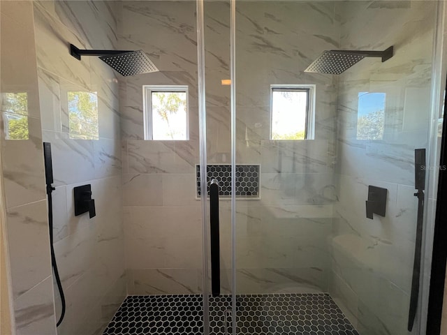 bathroom featuring a shower with shower door