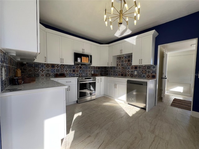 kitchen with white cabinetry, dishwasher, backsplash, hanging light fixtures, and stainless steel electric range