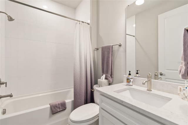 full bathroom featuring toilet, vanity, and shower / bathtub combination with curtain