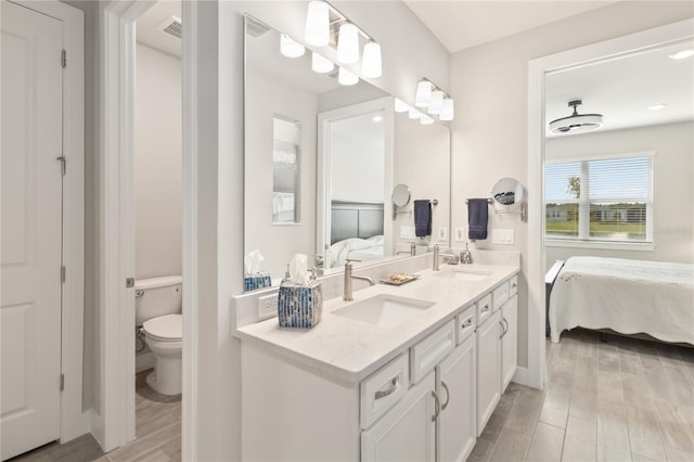 bathroom featuring vanity, hardwood / wood-style floors, and toilet