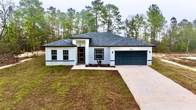 view of front of property featuring a garage, driveway, roof with shingles, stucco siding, and a front lawn