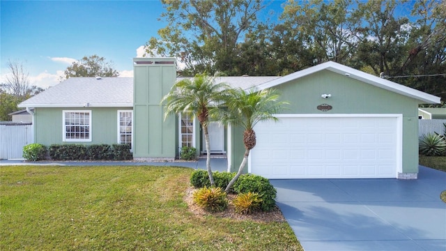 ranch-style home with a garage and a front lawn