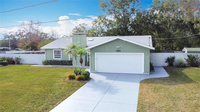 single story home with a garage and a front yard