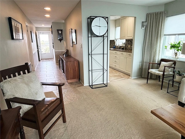 interior space with light carpet and sink