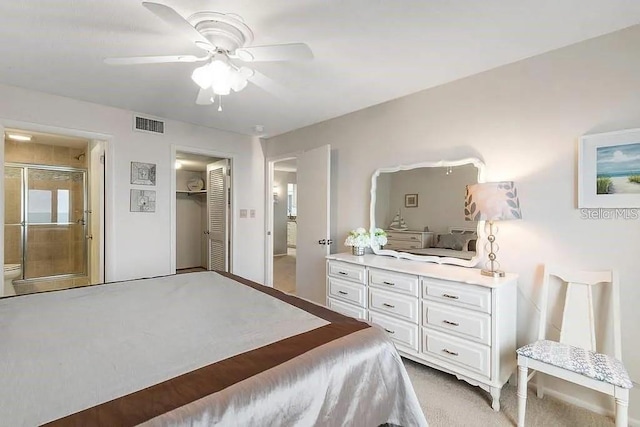 bedroom with light colored carpet, a closet, and ceiling fan