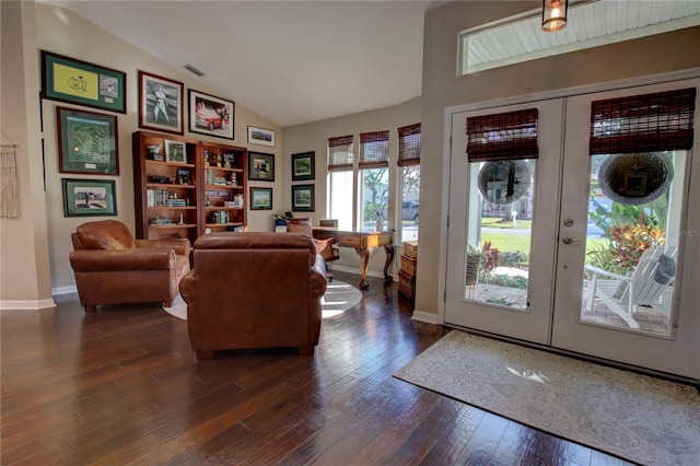 living room with visible vents, french doors, baseboards, dark wood-style flooring, and vaulted ceiling