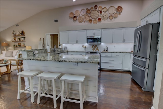 kitchen with light stone counters, a kitchen breakfast bar, stainless steel appliances, and vaulted ceiling