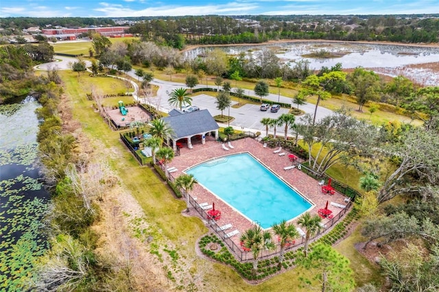 drone / aerial view featuring a water view