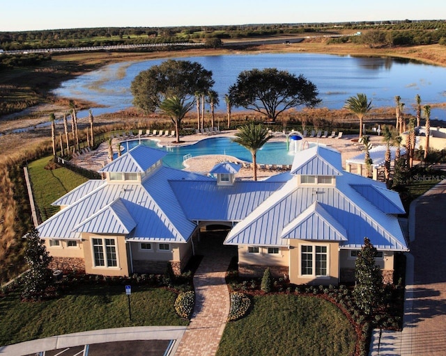 drone / aerial view with a water view