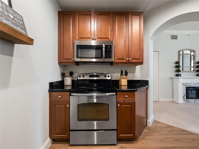 kitchen featuring crown molding, appliances with stainless steel finishes, a high end fireplace, and light hardwood / wood-style flooring