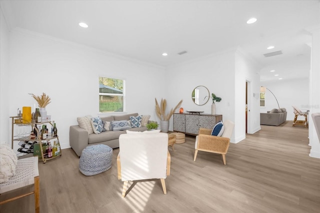 living room featuring ornamental molding and light hardwood / wood-style flooring