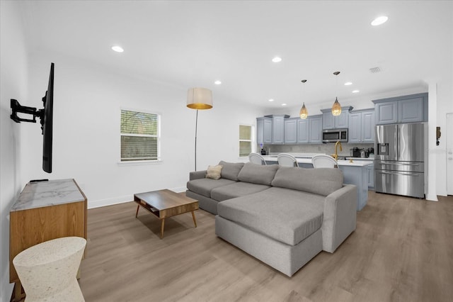 living room with sink and light hardwood / wood-style flooring