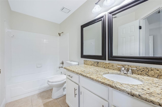 bathroom with toilet, visible vents, vanity, shower / bathing tub combination, and tile patterned floors