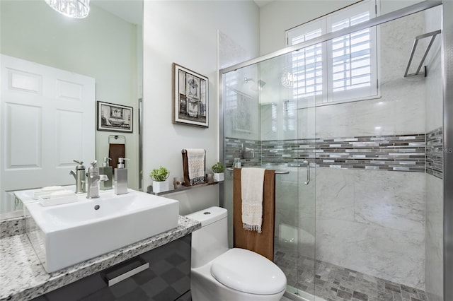 bathroom featuring vanity, a shower with door, and toilet