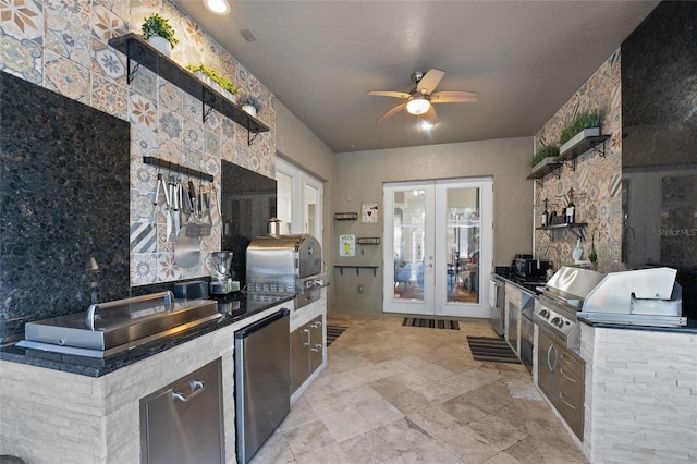 kitchen with french doors, ceiling fan, and refrigerator