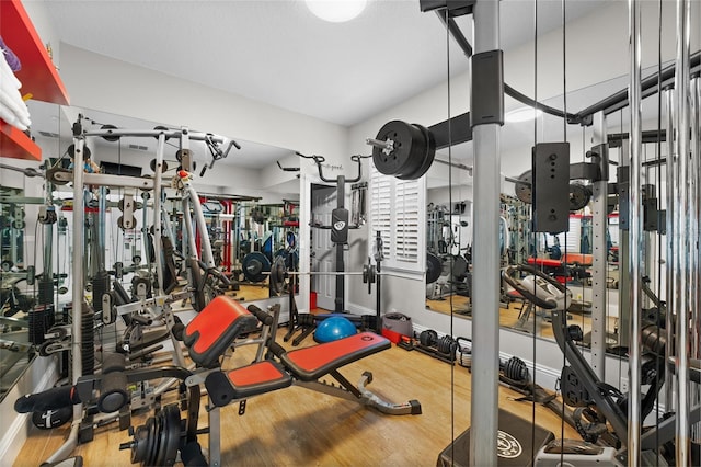 workout area featuring hardwood / wood-style flooring