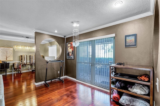 misc room featuring ornamental molding, dark hardwood / wood-style flooring, and a textured ceiling