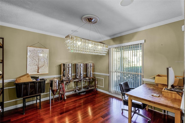 office space with ornamental molding, wood-type flooring, and a textured ceiling