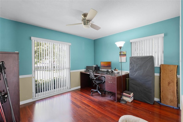 home office featuring ceiling fan and hardwood / wood-style floors