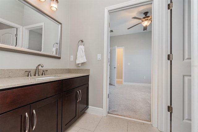 bathroom with vanity, tile patterned floors, and ceiling fan