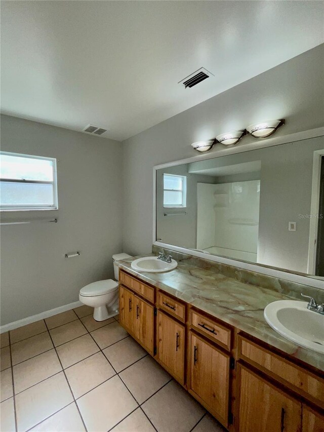 bathroom with vanity, toilet, and tile patterned flooring