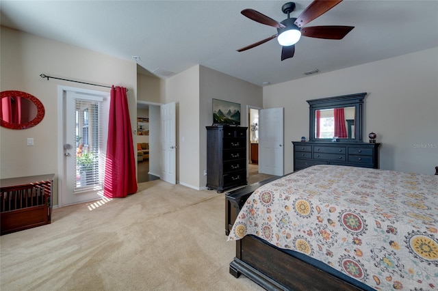 carpeted bedroom with access to outside and ceiling fan