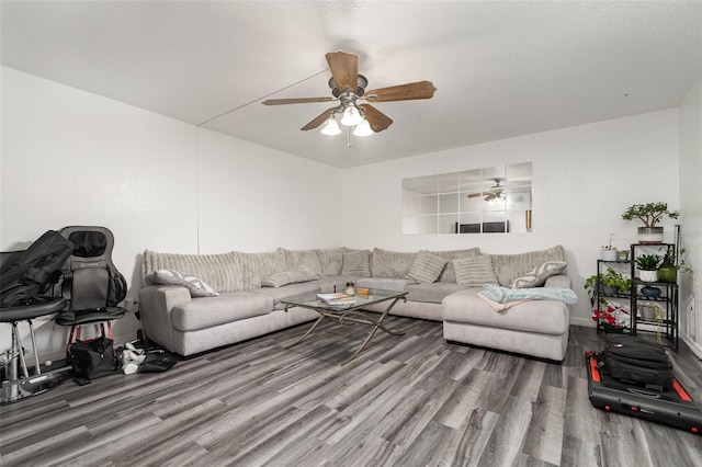 living room featuring hardwood / wood-style flooring, a textured ceiling, and ceiling fan