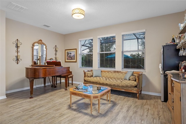 living area featuring light wood-type flooring, a textured ceiling, and a wealth of natural light