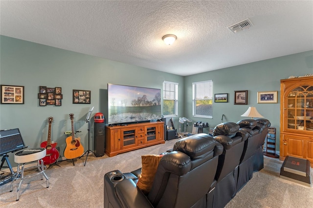 carpeted living room featuring a textured ceiling