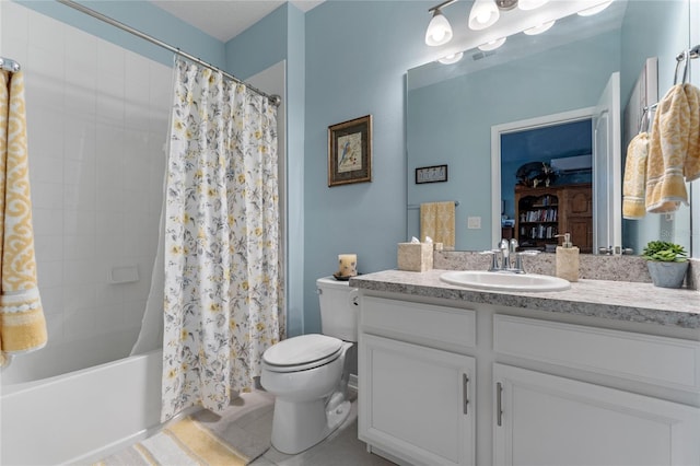 full bathroom with toilet, vanity, and shower / bathtub combination with curtain