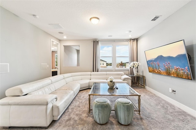 carpeted living room with a textured ceiling