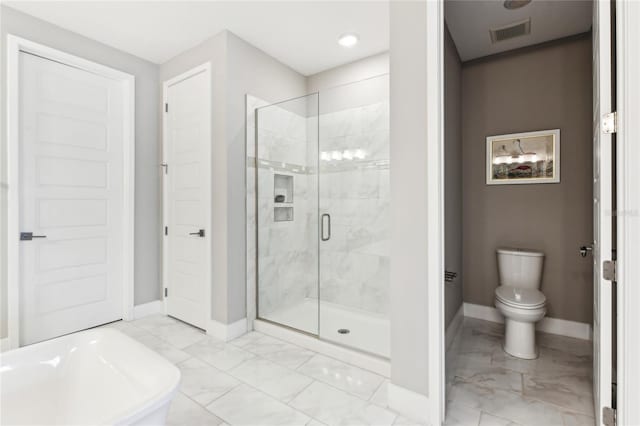 bathroom featuring plus walk in shower and toilet