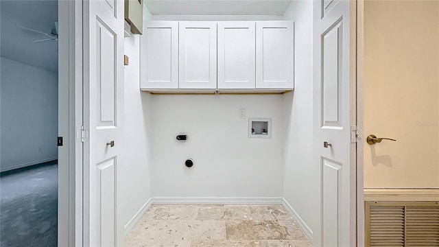 laundry area featuring cabinet space, visible vents, baseboards, hookup for an electric dryer, and washer hookup