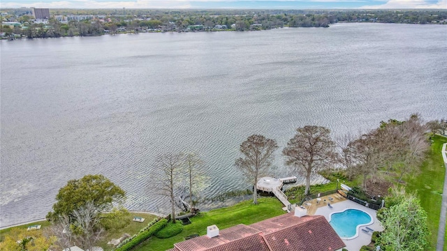 drone / aerial view with a water view