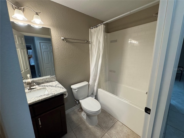 full bathroom featuring tile patterned flooring, vanity, shower / bath combination with curtain, and toilet