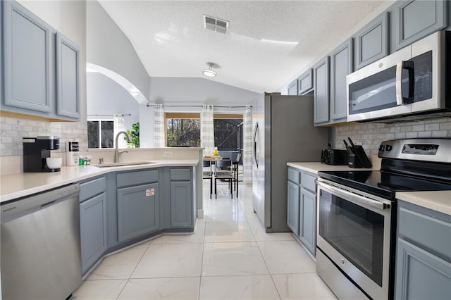 kitchen featuring lofted ceiling, sink, tasteful backsplash, and appliances with stainless steel finishes