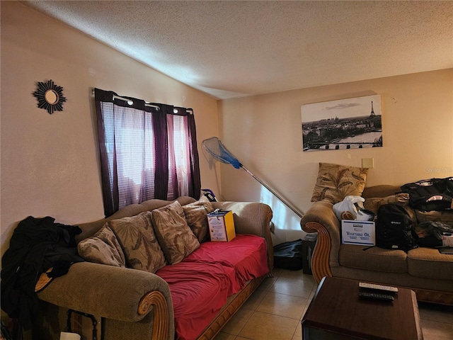 tiled living room with vaulted ceiling and a textured ceiling