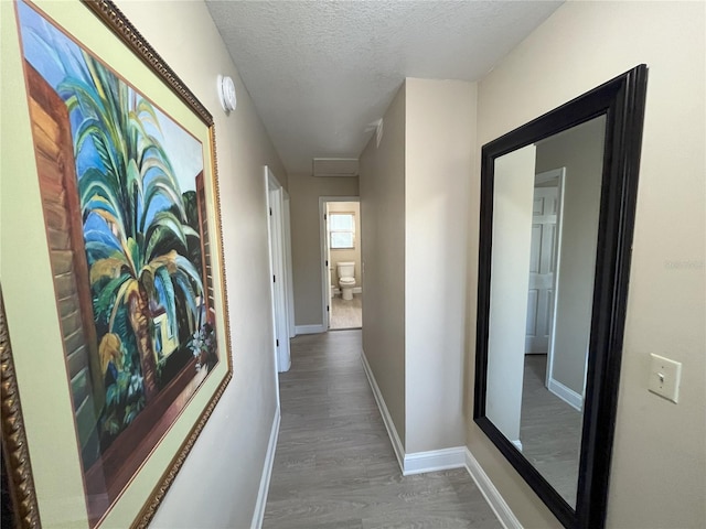 corridor featuring dark hardwood / wood-style floors and a textured ceiling