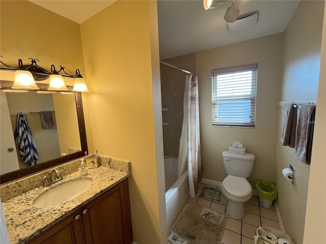 full bathroom featuring tile patterned flooring, vanity, shower / bathtub combination with curtain, and toilet