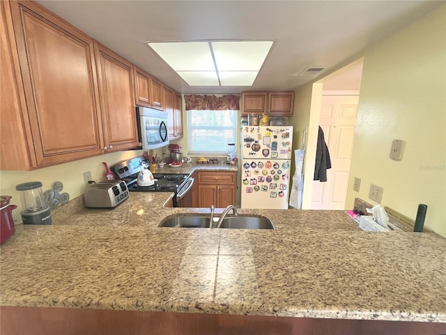 kitchen with appliances with stainless steel finishes, a sink, a peninsula, and light stone counters
