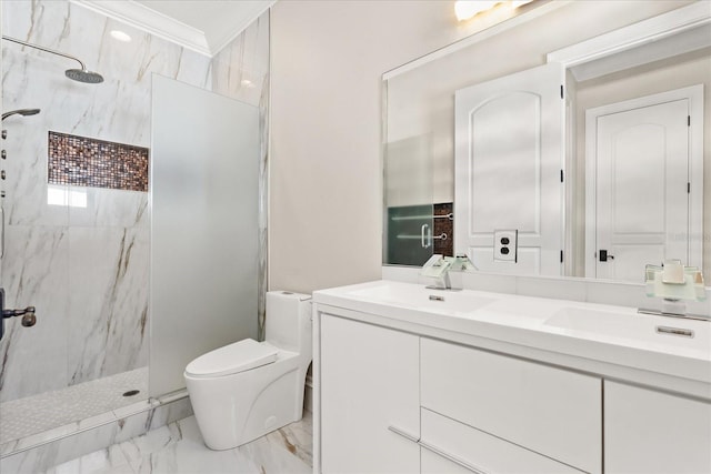 bathroom with vanity, tiled shower, ornamental molding, and toilet