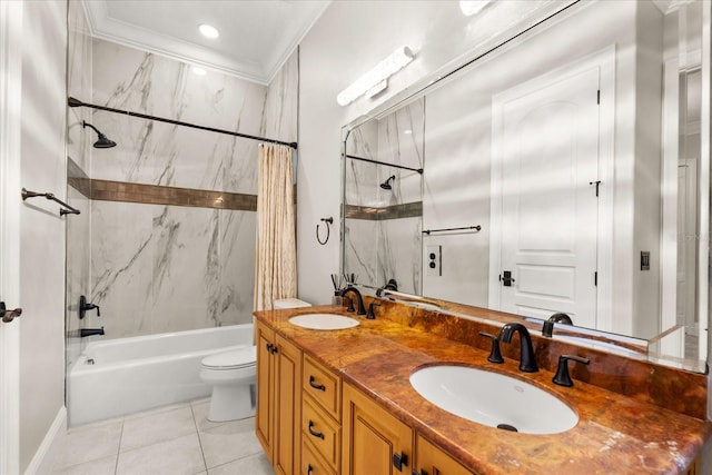 full bathroom with shower / bathtub combination with curtain, crown molding, tile patterned flooring, vanity, and toilet