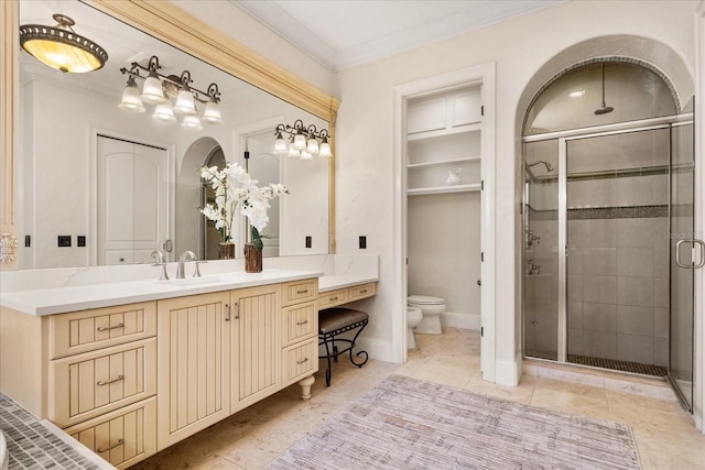 bathroom featuring ornamental molding, a bidet, vanity, and a shower with shower door