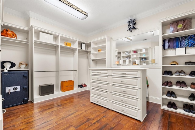 spacious closet with dark hardwood / wood-style flooring