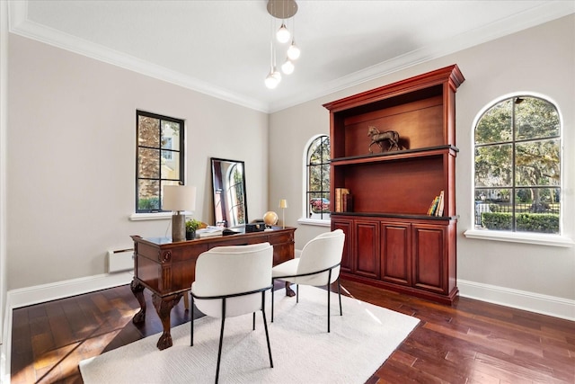 office featuring dark wood-type flooring, ornamental molding, and a baseboard heating unit